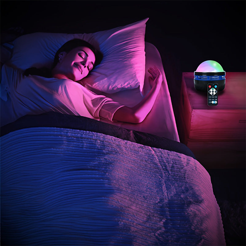 Flower Dance® Northern Lights and Ocean Wave Projector featuring 14 Galaxy Light effects, ideal for game rooms, parties, and bedroom decor. This remote-controlled, USB-powered projector covers an area of 15-20 square meters.