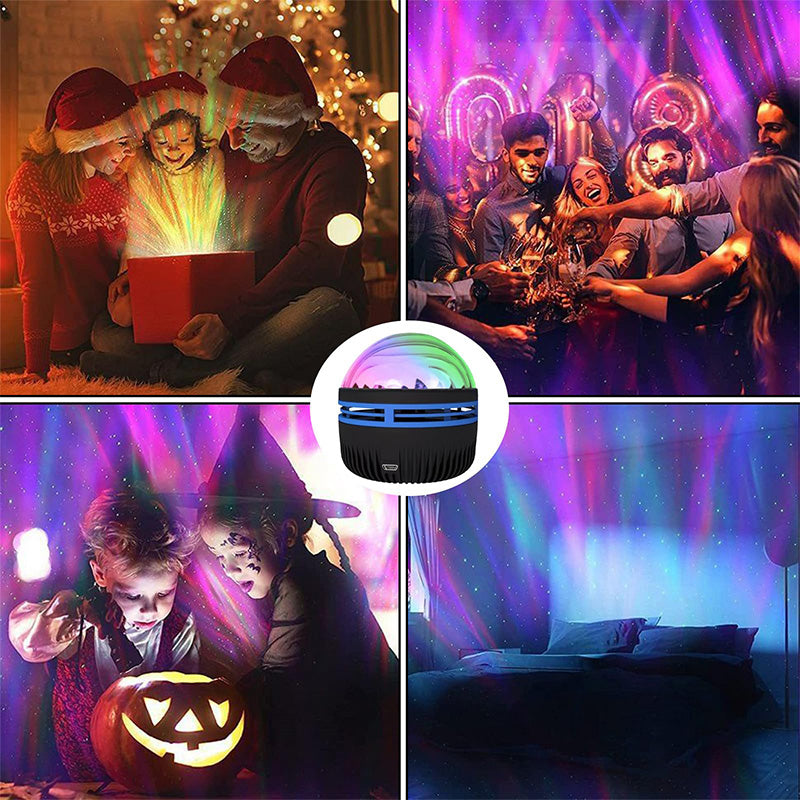 Flower Dance® Northern Lights and Ocean Wave Projector featuring 14 Galaxy Light effects, ideal for game rooms, parties, and bedroom decor. This remote-controlled, USB-powered projector covers an area of 15-20 square meters.