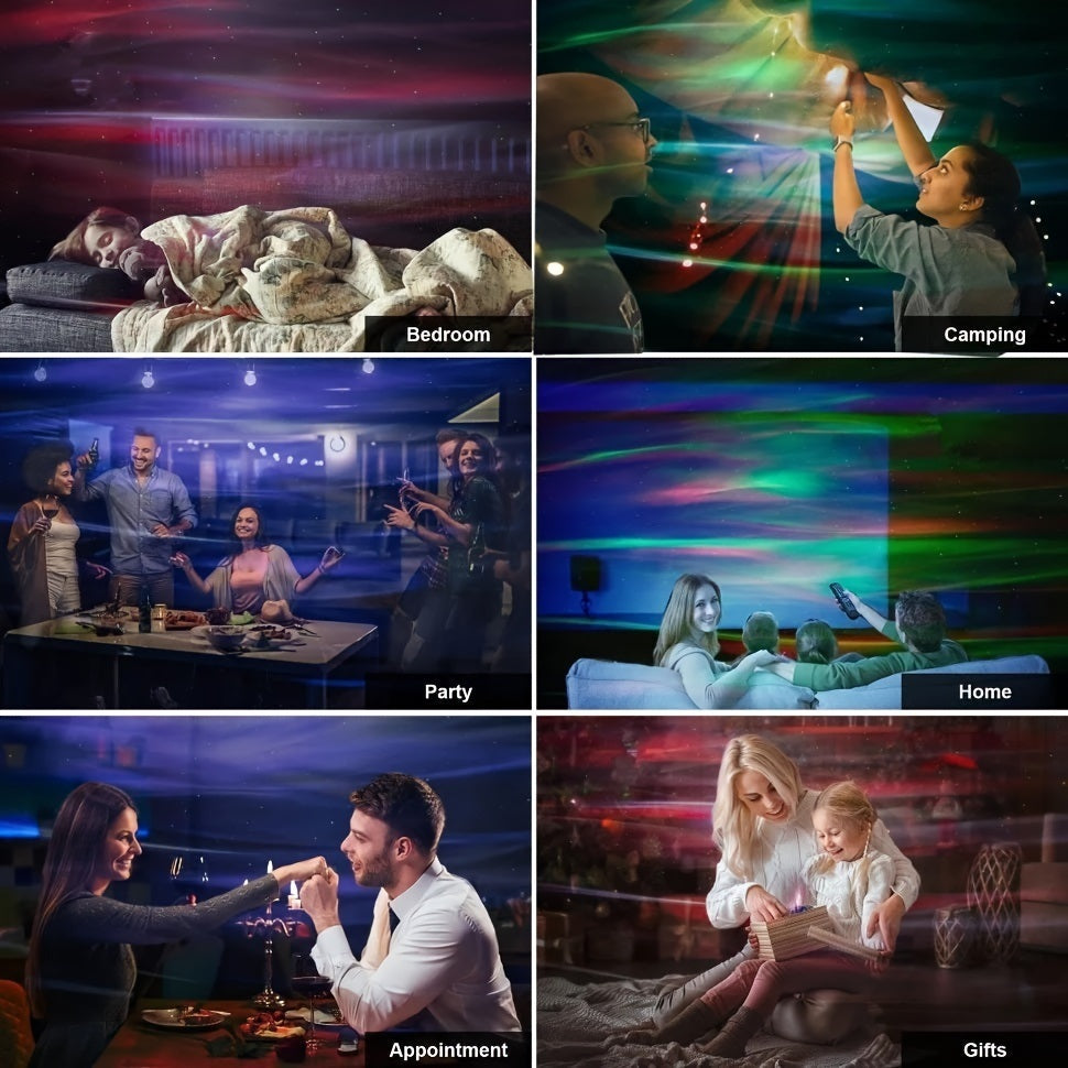 Flower Dance® Northern Lights and Ocean Wave Projector featuring 14 Galaxy Light effects, ideal for game rooms, parties, and bedroom decor. This remote-controlled, USB-powered projector covers an area of 15-20 square meters.