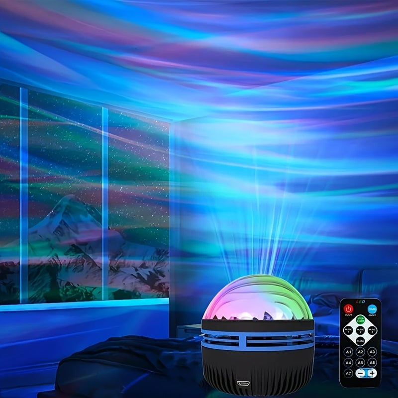Flower Dance® Northern Lights and Ocean Wave Projector featuring 14 Galaxy Light effects, ideal for game rooms, parties, and bedroom decor. This remote-controlled, USB-powered projector covers an area of 15-20 square meters.