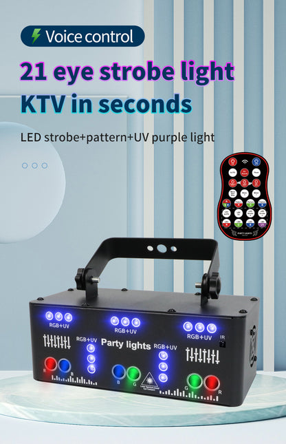 Party Lights, 21 Lens DJ Lights with Strobe Effect,Disco Light Indoor with RGB UV Laser Light Support Sound Control DMX5 (21eyes)
