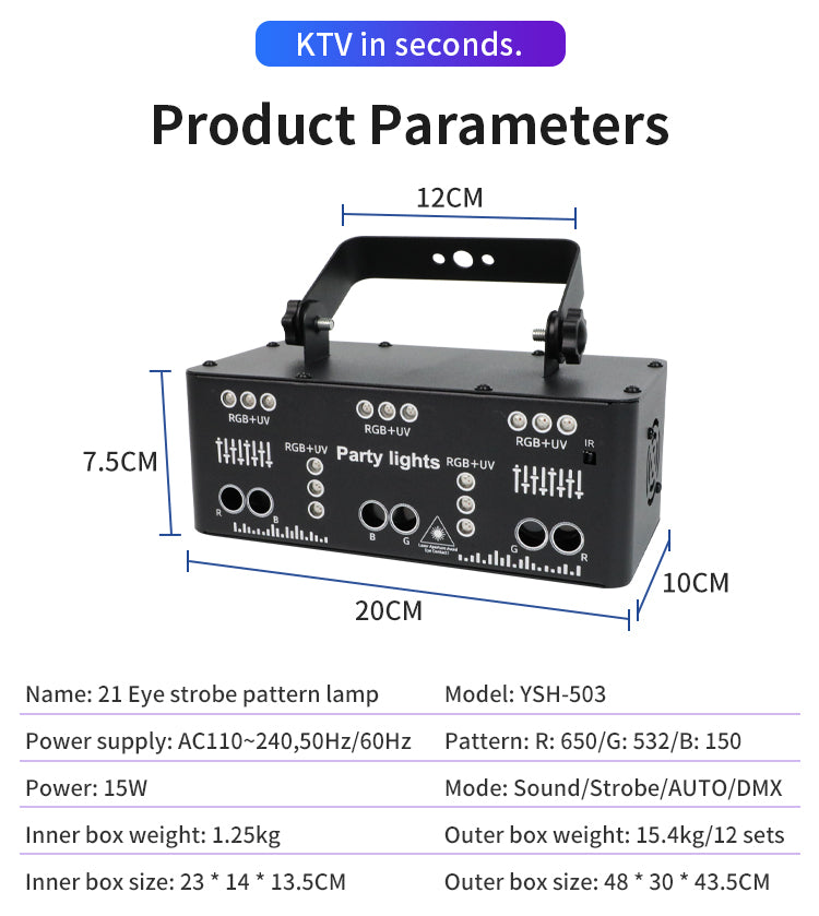 Party Lights, 21 Lens DJ Lights with Strobe Effect,Disco Light Indoor with RGB UV Laser Light Support Sound Control DMX5 (21eyes)