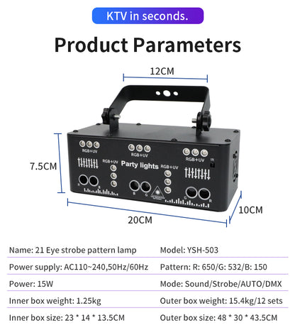 Party Lights, 21 Lens DJ Lights with Strobe Effect,Disco Light Indoor with RGB UV Laser Light Support Sound Control DMX5 (21eyes)