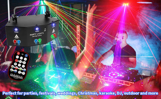 Flower Dance®9-Eye RGB Laser DMX Club Fixture - RGB Lights, Color Changing, AC Power Supply, Strobe, Stage Control, Sound Control, Remote, Auto Mode for Family Party Decor - American/Australian/European Compatible, Graduation Leis, Stage Lighting