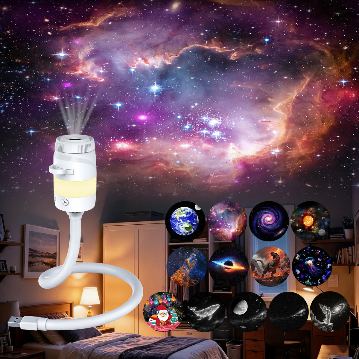 Flower Dance®2-in-1 Cosmic Theme Projector Lamp, USB-Powered 1.75 W Adjustable Atmosphere Light, Age 18+ Mini Night Light for Bedroom Ceiling Wall Decor