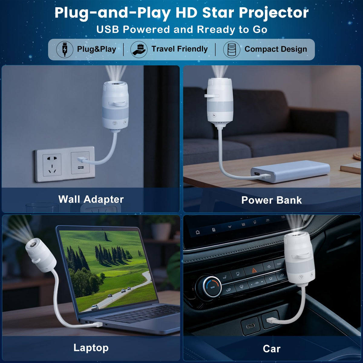 Flower Dance®2-in-1 Cosmic Theme Projector Lamp, USB-Powered 1.75 W Adjustable Atmosphere Light, Age 18+ Mini Night Light for Bedroom Ceiling Wall Decor