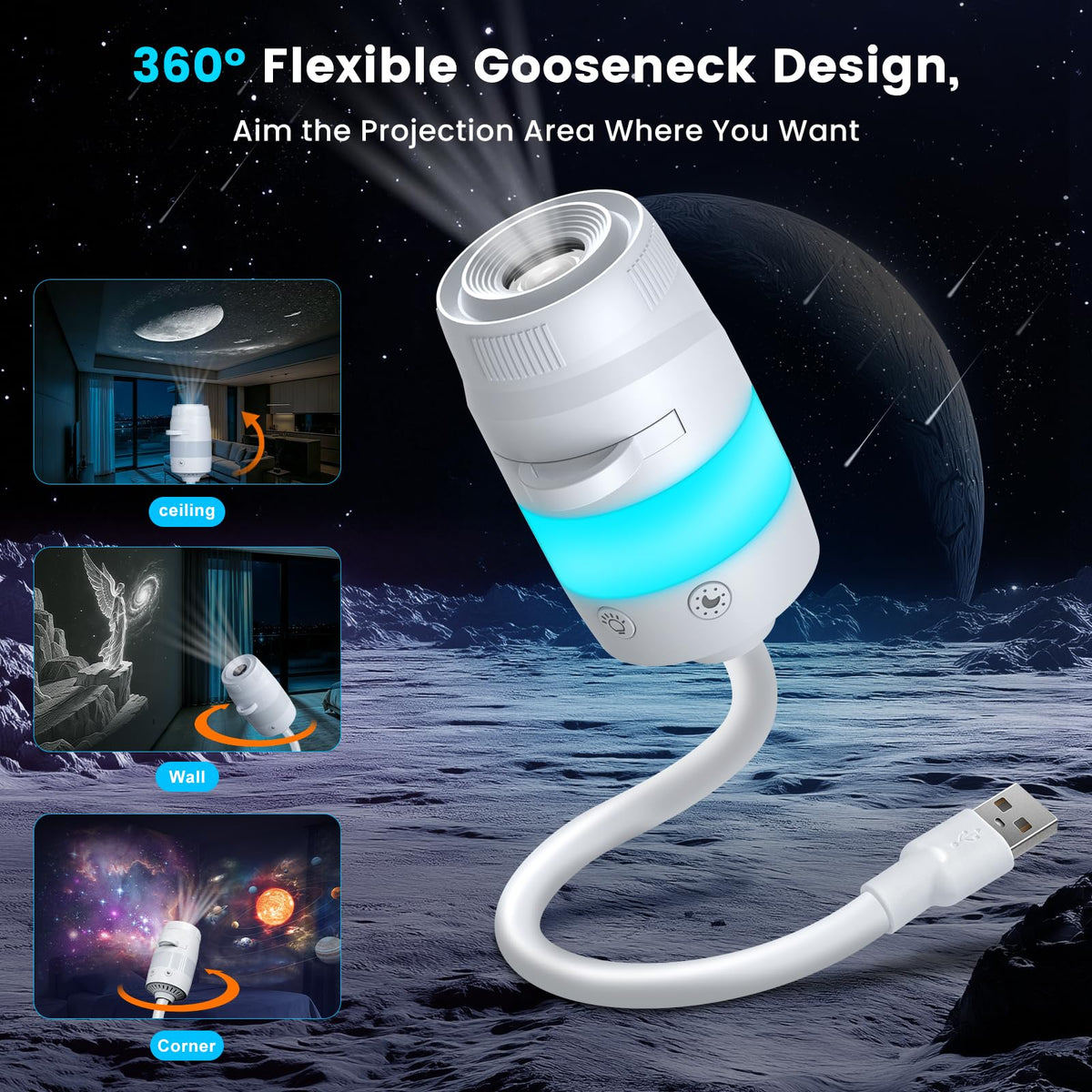 Flower Dance®2-in-1 Cosmic Theme Projector Lamp, USB-Powered 1.75 W Adjustable Atmosphere Light, Age 18+ Mini Night Light for Bedroom Ceiling Wall Decor
