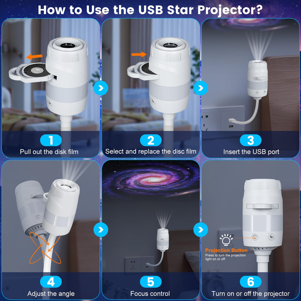 Flower Dance®2-in-1 Cosmic Theme Projector Lamp, USB-Powered 1.75 W Adjustable Atmosphere Light, Age 18+ Mini Night Light for Bedroom Ceiling Wall Decor